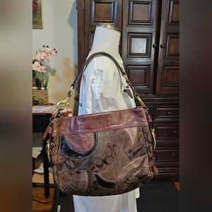 Coach Brown Patchwork Shoulder Bag with Leather Trim